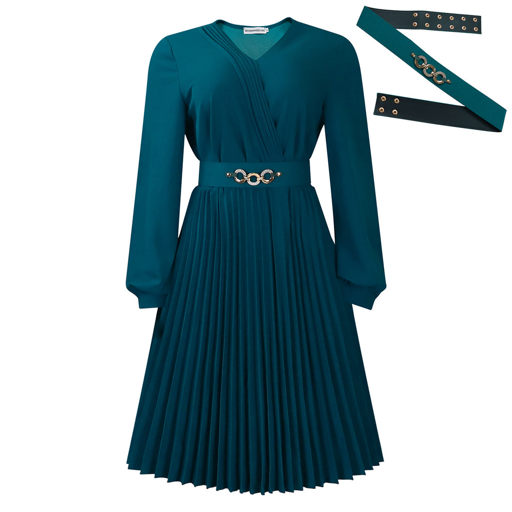 D3316 european and american cross-border  spring new arrival: ol style v-neck fashion pleated high-waisted african dress for export