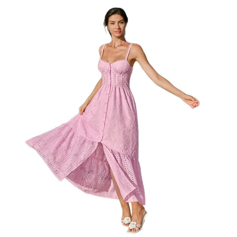 spring/summer new arrival: v-neck camisole dress with a-line silhouette, embroidered floral cutouts, and cinched waist – a slim-fit, cross-border style maxi dress