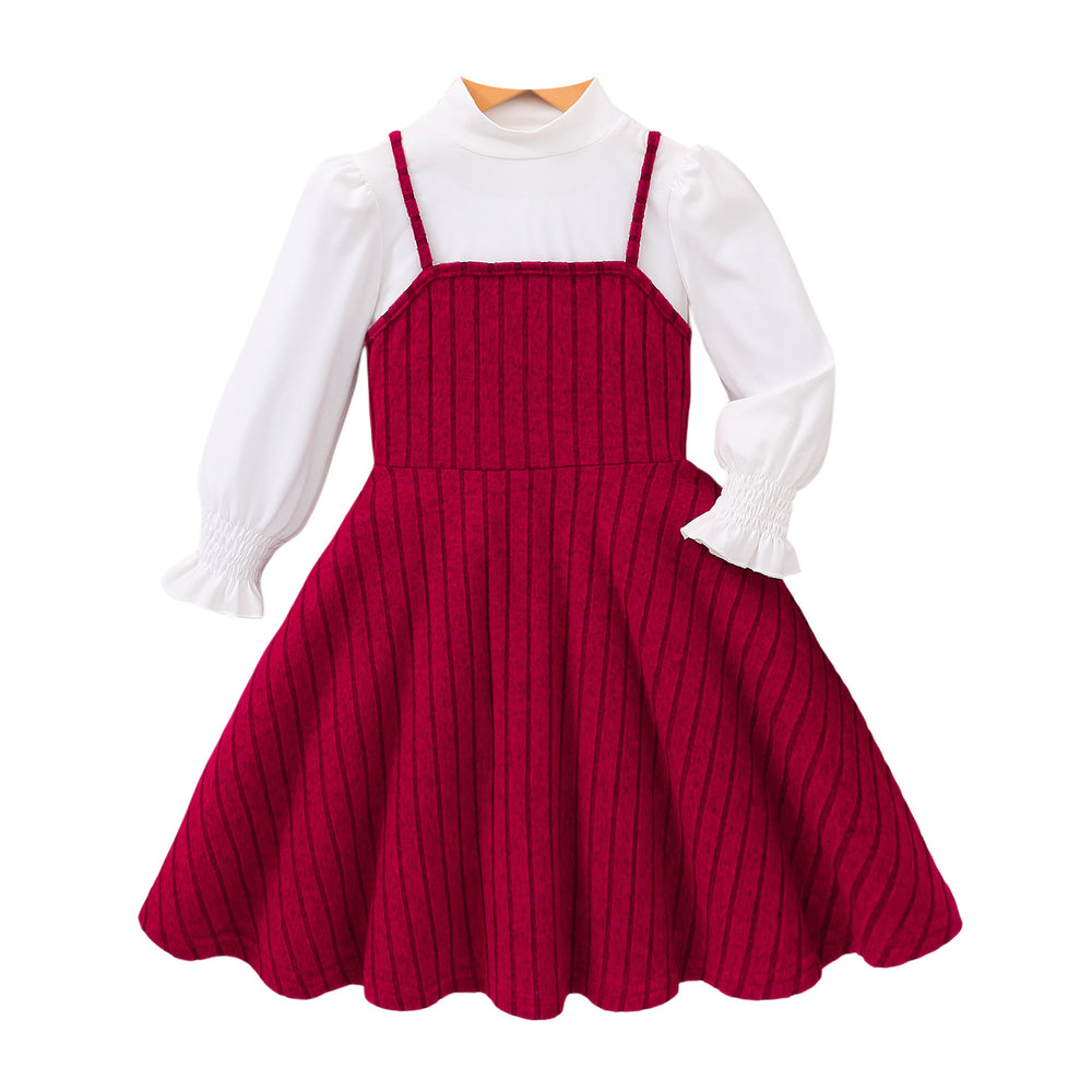 Two-piece set for young girls (middle school age): high-neck, flared long-sleeve top and corset-style camisole dress