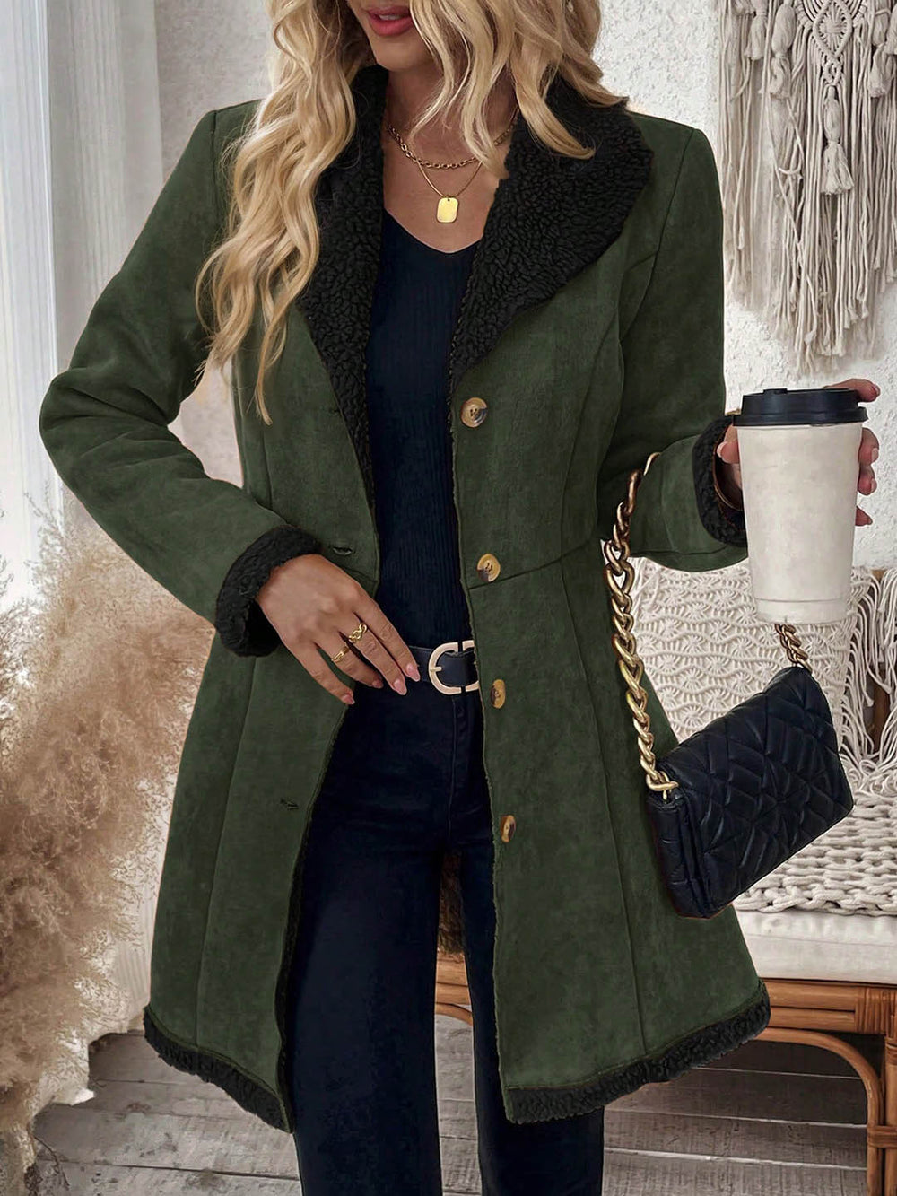 European and american retro style women's jacket - notch lapel, suede & lambswool patchwork, single-breasted, cinched waist, mid-length women's coat