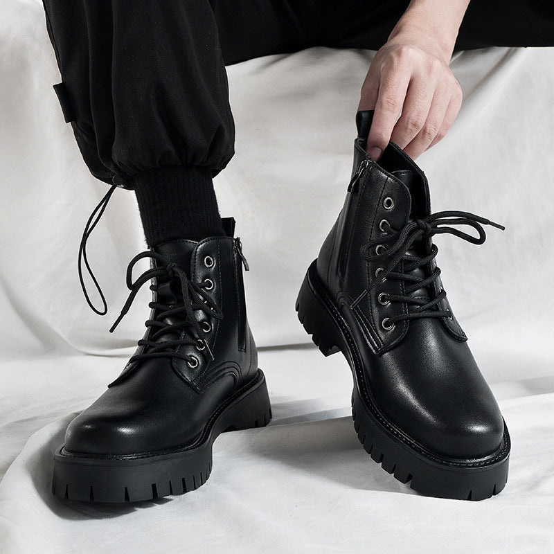 Men's spring new british style leather shoes black martin boots motorcycle side zipper height increasing thick sole mid-top workwear short boots