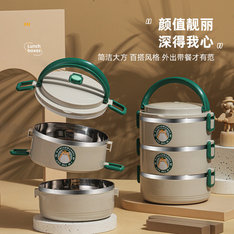 304 round bento box, stainless steel portable multi-layer thermal insulation lunch box, student cartoon grid lunch box gift