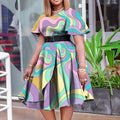C8573 summer new fashion cross-border elegant women's tie-up printed african plus size midi dress - export dress