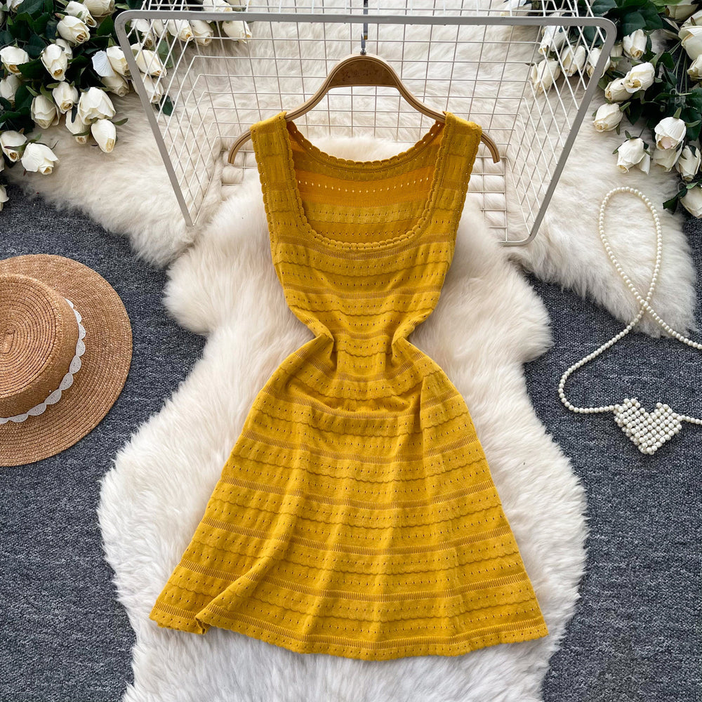 K-stylework clothing sleeveless square neckcut outdress women's summerhigh waist a-line skirt slimming look yellowelegant skirt