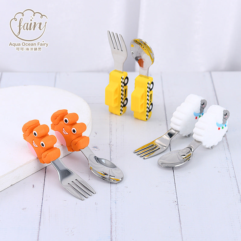 Customized drop-resistant eating short-handled fork and spoon silicone 316 stainless steel simple and cute children's complementary food spoon tableware set
