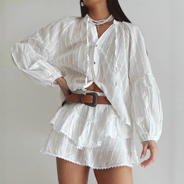 Simple casual jacquard lace shirt short skirt two-piece set women's 2025 autumn design white skirt set women's clothing