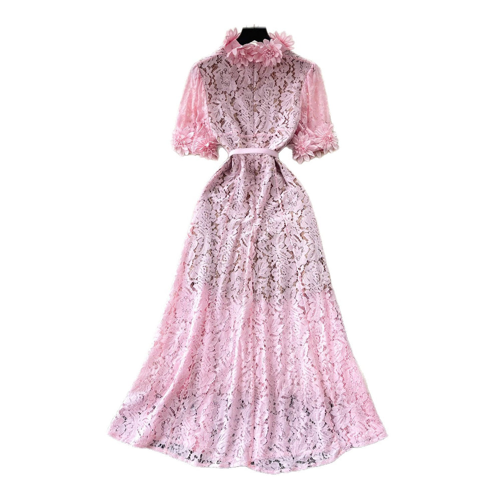 French romantic pink lace dress - women's summer high-waisted a-line maxi dress - commute-friendly, elegant, and chic