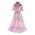 French romantic pink lace dress - women's summer high-waisted a-line maxi dress - commute-friendly, elegant, and chic