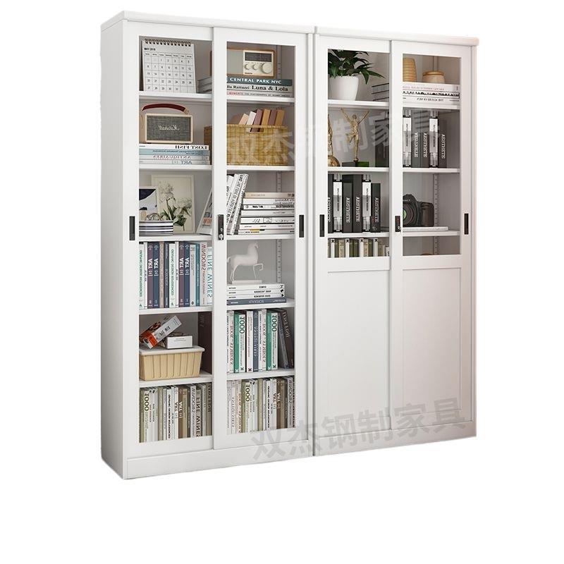 Steel light luxury sliding door bookcase push-pull glass door display cabinet iron kids bookshelf floor-standing storage cabinet password lock