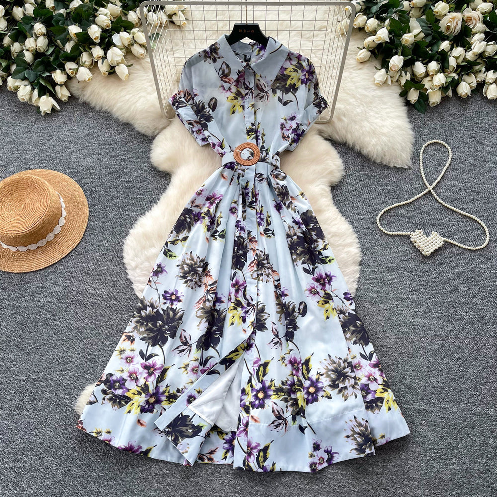 French chic vintage print collared dress - women's summer slimming, figure-flattering, high-waisted, elegant maxi dress