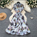 French chic vintage print collared dress - women's summer slimming, figure-flattering, high-waisted, elegant maxi dress