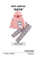 girls' hooded sweatshirt set - pink korean style cat print patterned pants long sleeve kids two-piece outfit