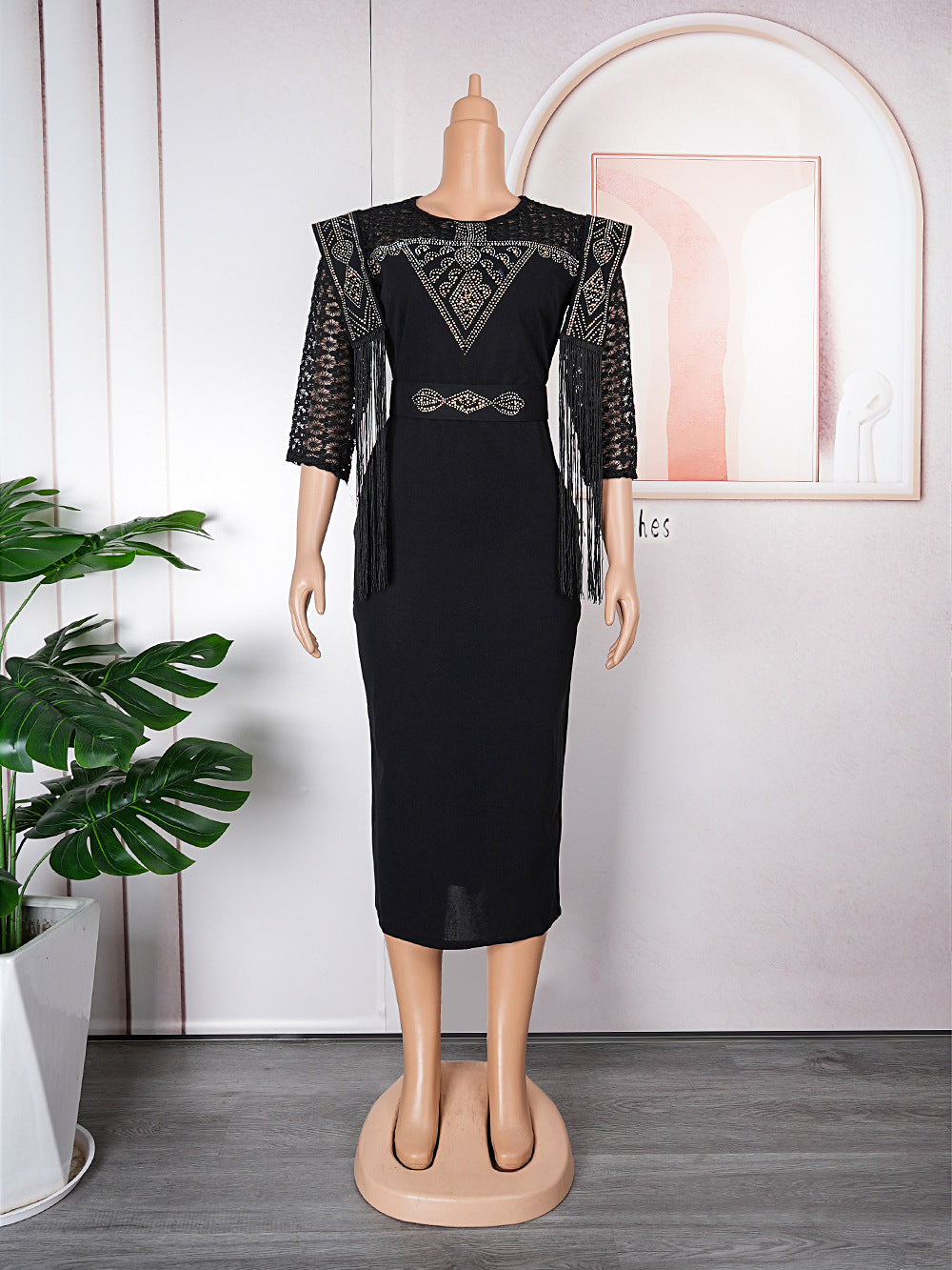 African plus size women's olwork clothing hip skirt fashionexport lace tassel patchwork round neck dress