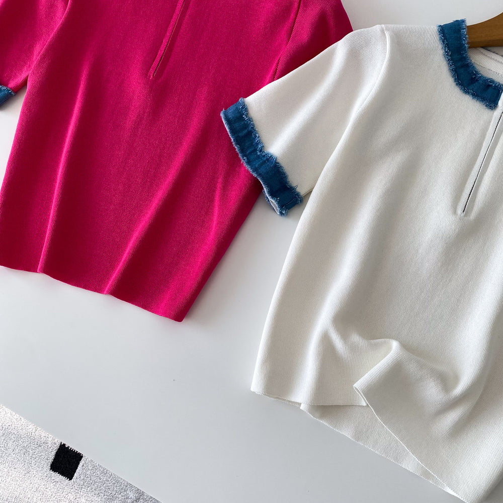 Korean style color block knit top - women's summer short sleeve crew neck half-zip cardigan - versatile, trendy, and designer-inspired top