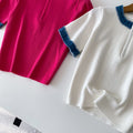 Korean style color block knit top - women's summer short sleeve crew neck half-zip cardigan - versatile, trendy, and designer-inspired top