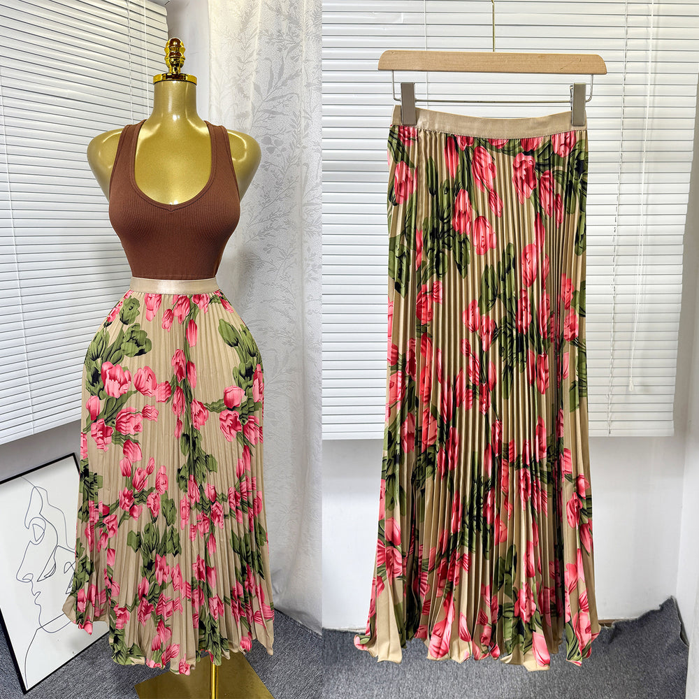 export 2026 summer new arrival: printed pleated a-line midi skirt with elastic waist and flared ruffle hem