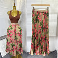 export 2026 summer new arrival: printed pleated a-line midi skirt with elastic waist and flared ruffle hem