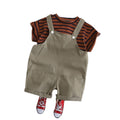 new boys' two-piece set: toddler forest-style striped korean overalls short-sleeve casual outfit - versatile and stylish