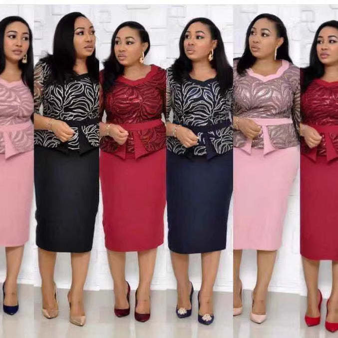 African women's mid-length dress -  &  - round neck printed office lady (ol) commute solid color two-piece dress set