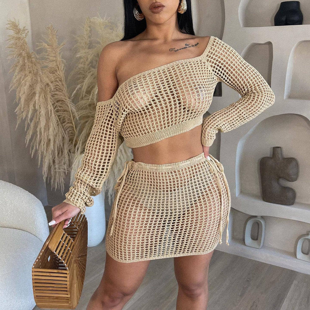 e-commerce  hot-selling european and american women's summer knitted hollow-out strappy beach outfit short skirt set