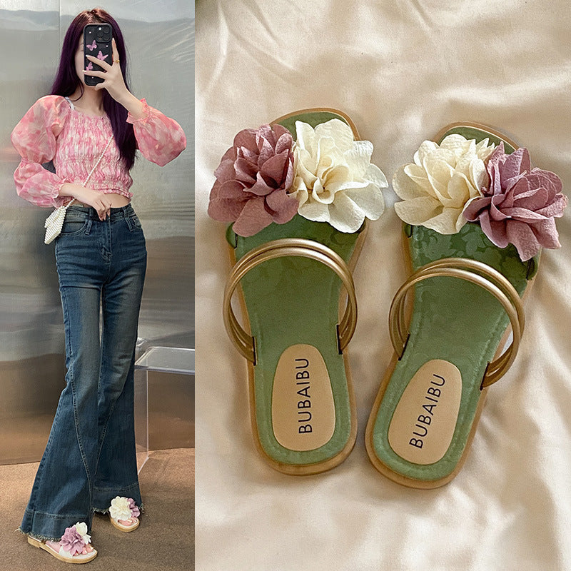 New summer fairy slippers women's summer outwear fashion two-color flower flats one-line sandals women's two-wear sandals