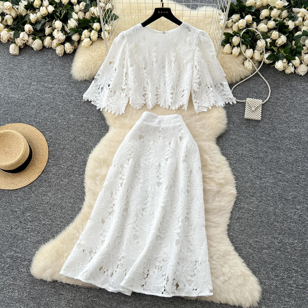 Frenchclassy sense cut out crochet lacesuit women's summerfashionshort bell sleeve shirt high waist skirt