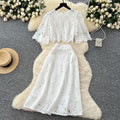 Frenchclassy sense cut out crochet lacesuit women's summerfashionshort bell sleeve shirt high waist skirt