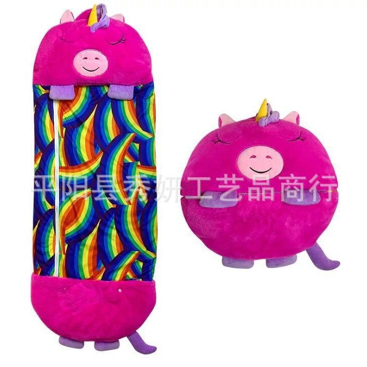 Cartoon kids' sleeping bag, children's sleeping bag with animal pillow, foldable anti-kick quilt kids' sleeping bag