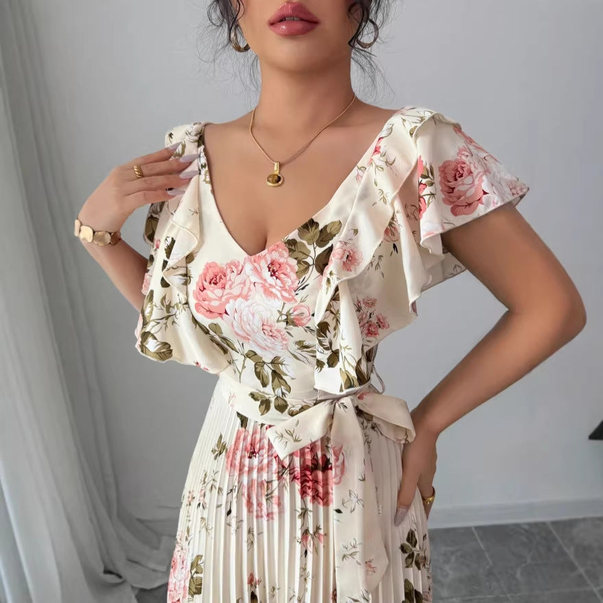 european and american cross-border e-commerce v-neck floral print elastic waist elegant commute a-line midi dress - women's