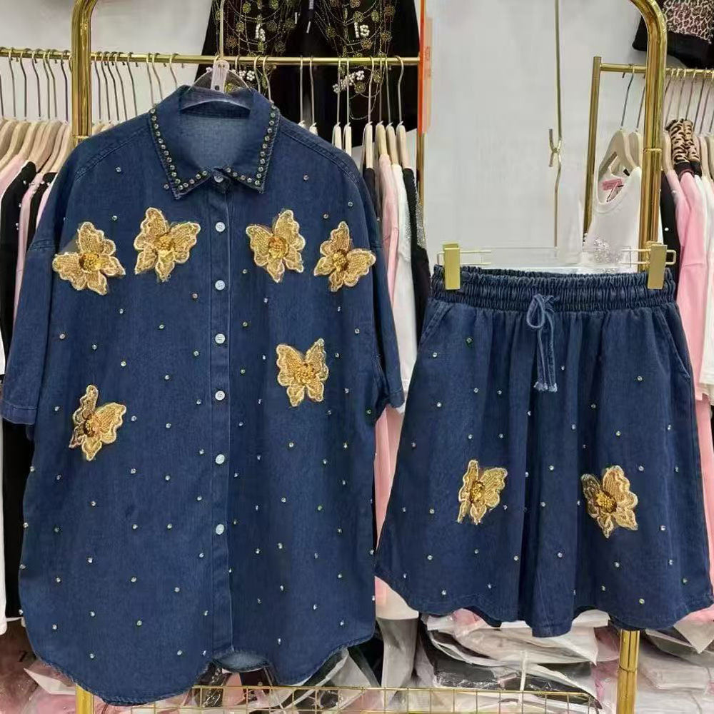 new european style heavy-duty denim set for women: designer cardigan and shorts, unique, fashionable, and relaxed fit two-piece outfit