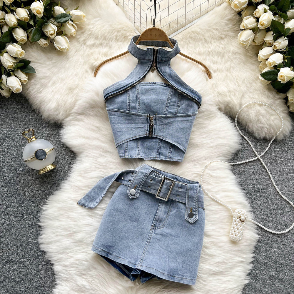 Street style hot girl denim set - women's new summer retro hong kong style halter crop top & mini skirt two-piece outfit