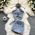 Street style hot girl denim set - women's new summer retro hong kong style halter crop top & mini skirt two-piece outfit