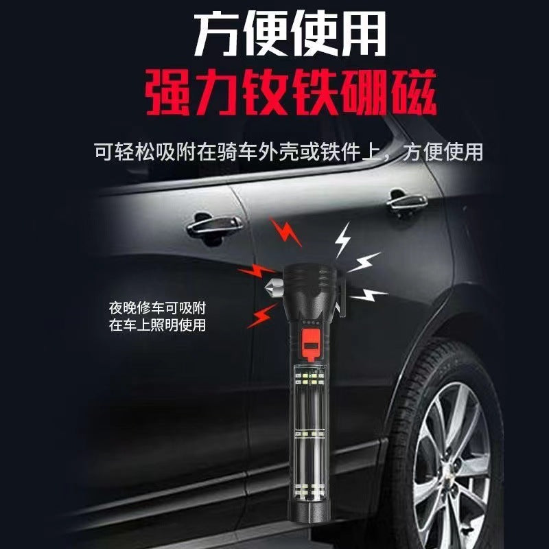 Emergency escape multi-function car flashlight LED solar outdoor emergency light COB strong light broken window safety hammer