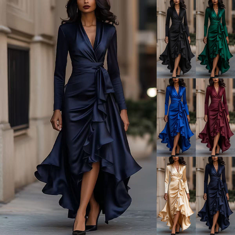 New european and american independent website style: cross-border satin v-neck, cinched waist, ruffle hem, elegant dress