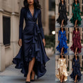 New european and american independent website style: cross-border satin v-neck, cinched waist, ruffle hem, elegant dress