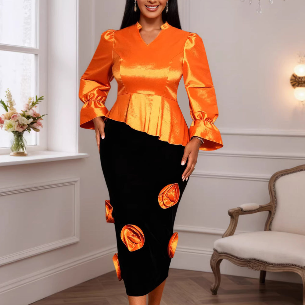 puff sleeve glossy tops silmslimming lookstereo flower hip skirt two-piece settwo-piece set