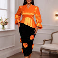 puff sleeve glossy tops silmslimming lookstereo flower hip skirt two-piece settwo-piece set