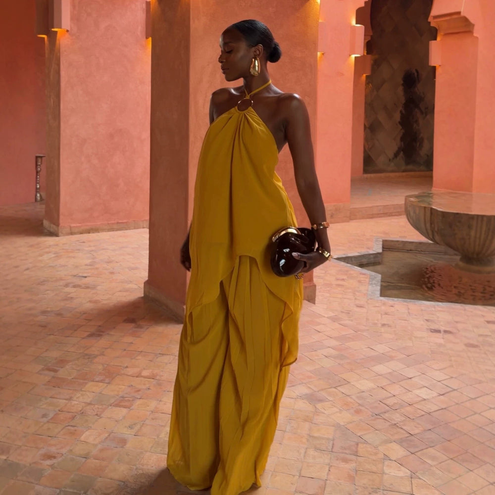 african women's fashion:  summer new collection - halter neck sleeveless irregular top & wide leg pants set