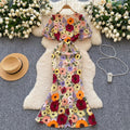 French high-end elegant heavy embroidery floral round neck lantern sleeve cinched waist slimming mermaid tail evening gown dress