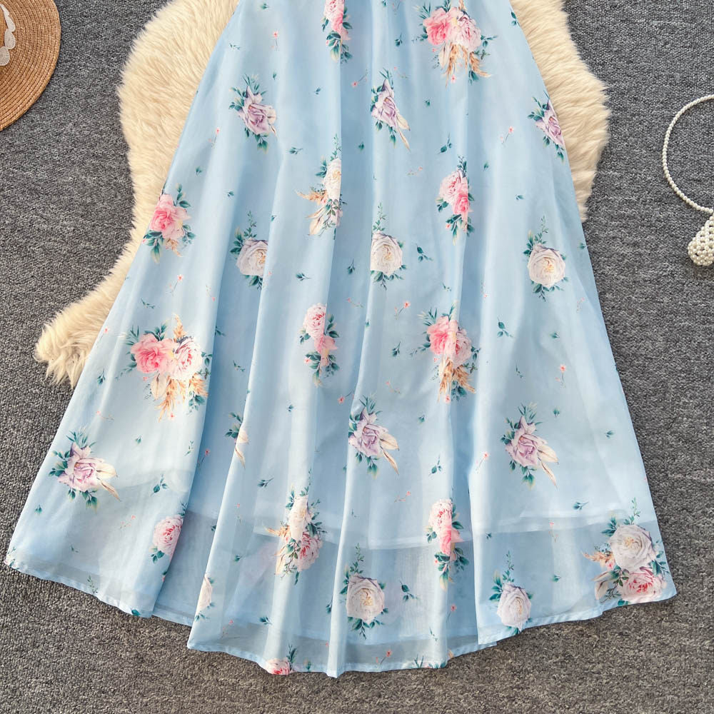 French retro floral sleeveless dress - women's summer v-neck, slimming a-line maxi dress, vacation style - blue