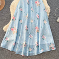 French retro floral sleeveless dress - women's summer v-neck, slimming a-line maxi dress, vacation style - blue