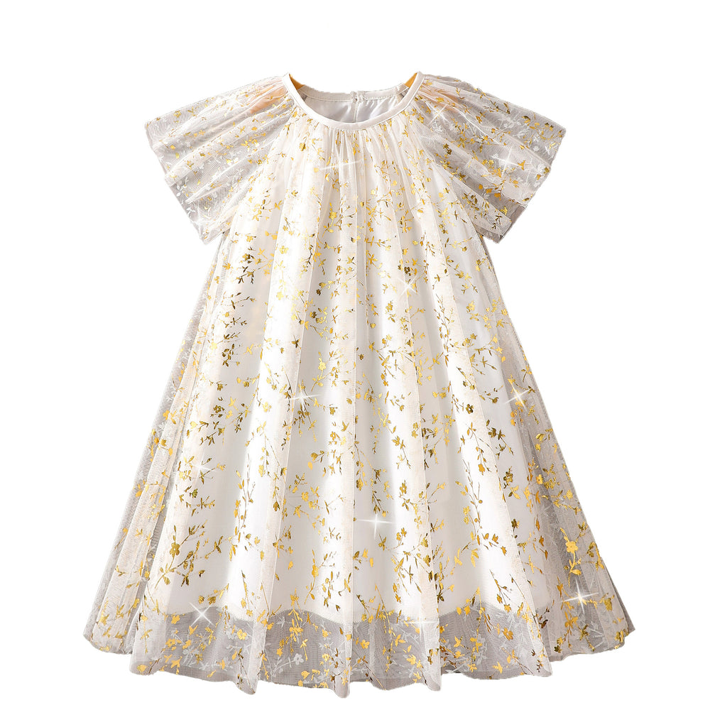 Girls' dress for toddlers and young children, leaf print mesh dress