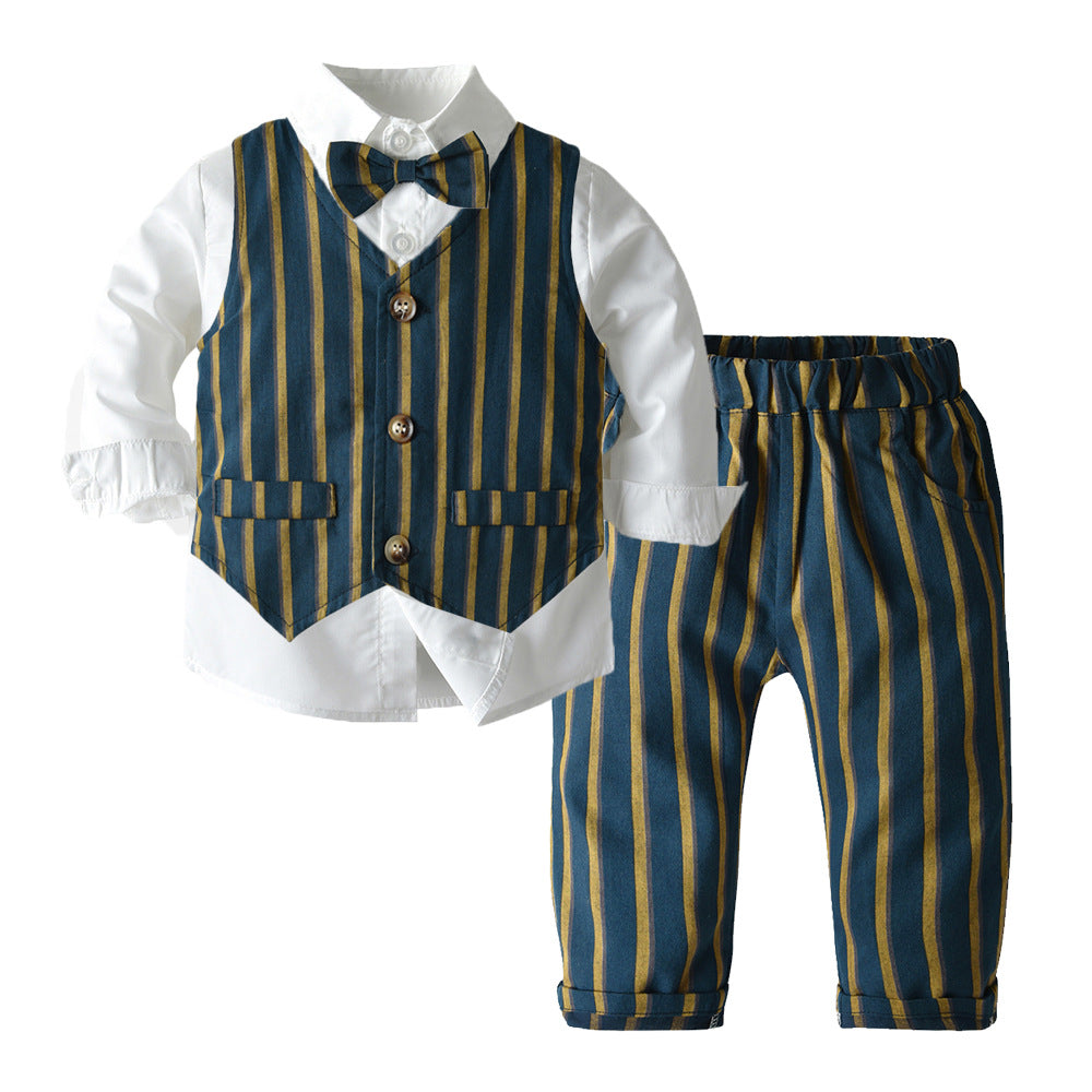 New arrival: boys' spring/autumn outfit - striped vest, cotton white shirt, and trousers suit - perfect for performances and everyday wear