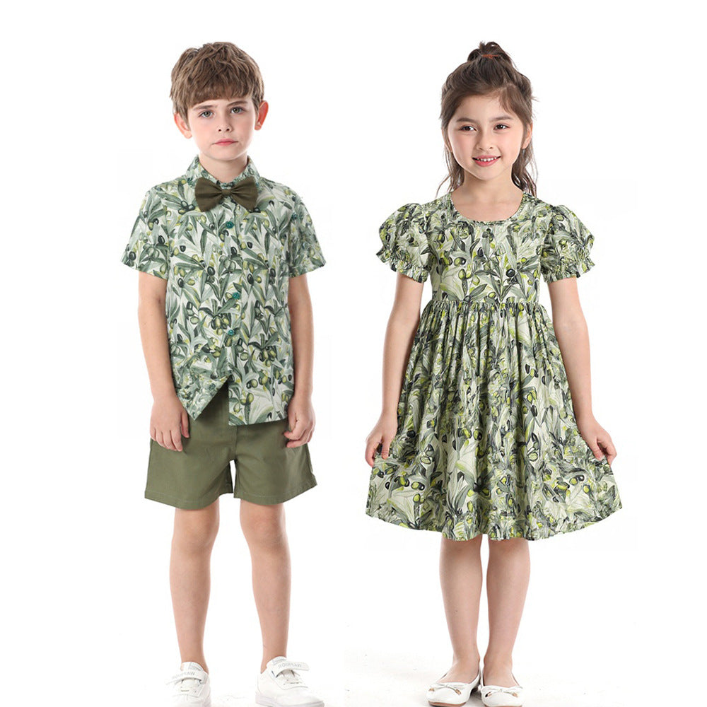 Boys' beach outfit set: new summer vacation short-sleeve shirt, hong kong style, island vibe, lightweight two-piece set for boys