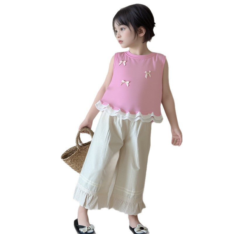 Girls' sleeveless lace-trimmed summer top,  new style: stylish sleeveless lace tank top with bow detail, versatile vest