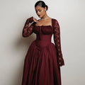 European and american cross-border women's fashion:  summer new arrival - elegant square neck lace long sleeve cinched waist solid color midi dress