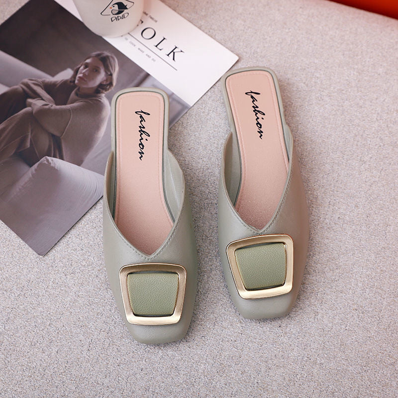 Square buckle toe half slippers women's fashionoutwear 2024new arrivalmuller flat heel buckle square toe lazy sandals women's shoes