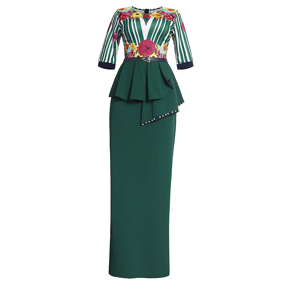 African plus size  spring style printing high waistslimming look hip-covering asymmetricalruffleswork clothingdress wholesale
