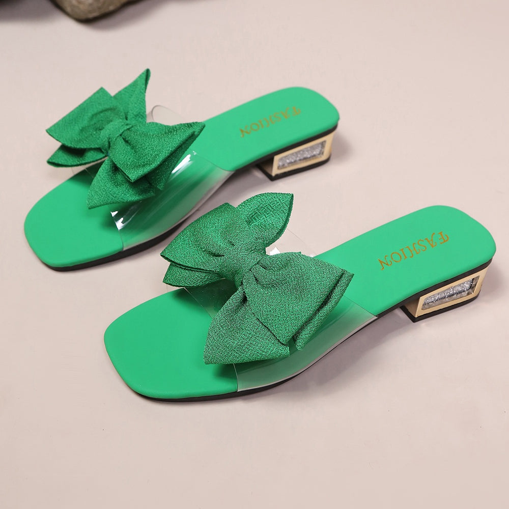 Square toe new arrival sandals and slippers for women with cross bows and metal buckles on thick heels and low export overseas wholesale