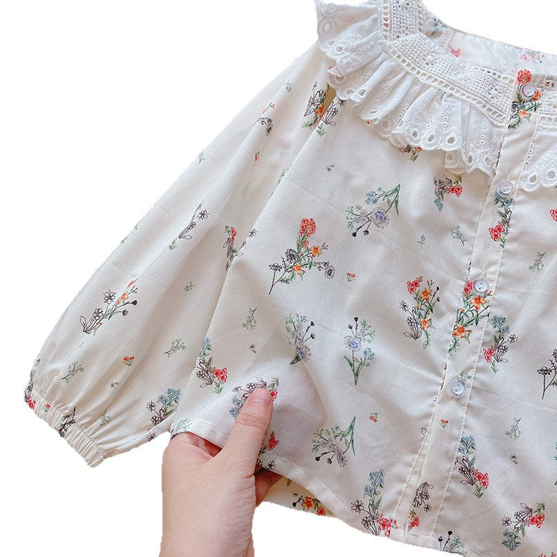 Girls' 100% cotton lace floral babydoll top - new autumn  korean style kids' long-sleeve shirt - trendy blouse